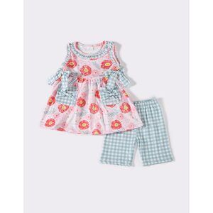 Pink floral plaid shorts set